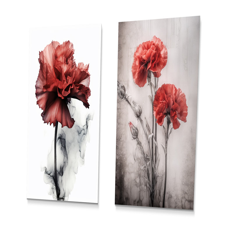Oeillet rouge sur encre liquide monochrome - œillets, ensemble de 2 reproductions d'art en métal, H 28 po x l 24 po