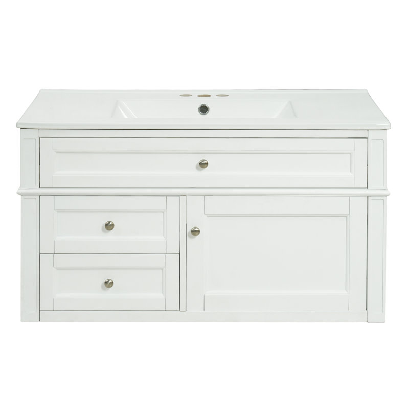Meuble de salle de bain suspendu moderne avec 2 tiroirs et rangement basculant blanc