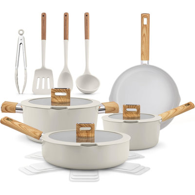 Nutrichef Ceramic Cookware Set With Cooking Utensils, 14-Piece Nonstick Cookware Set With Glass Lids, Compatible With All Cooktops, Heat-Resistant Handles And Stylish Finish (Black)