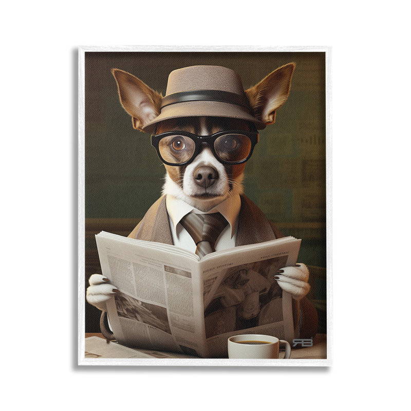«Classy Dog» avec journal, estampe numérique par RB, Estampe numérique encadrée blanc bord de mer, H 30 po x l 24 po