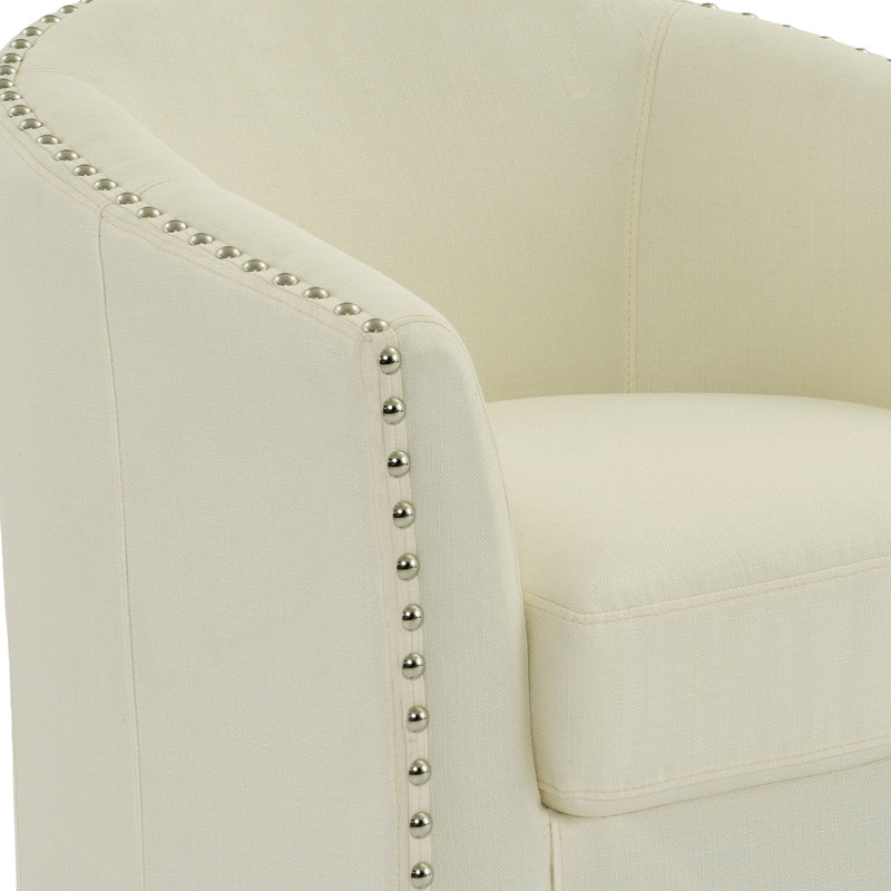 Aunna Nailhead Swivel Barrel Chair, White Polyester Blend