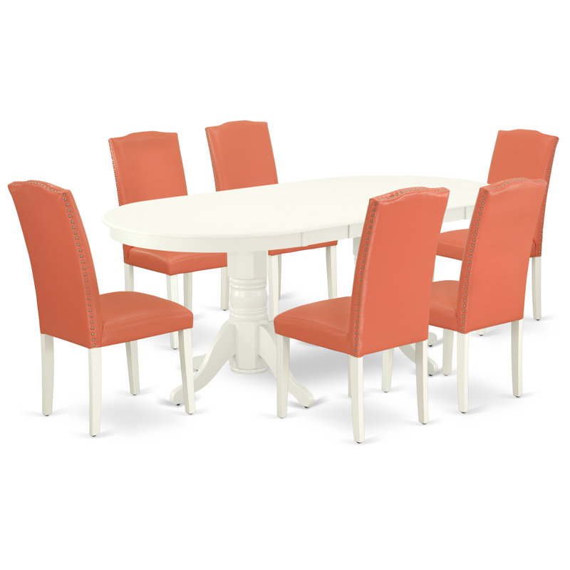 7 Piece Dinette Set consists of an Oval Dining Table with Butterfly Leaf and 6 Pink Flamingo Faux Leather Parson Dining Chairs, Linen White