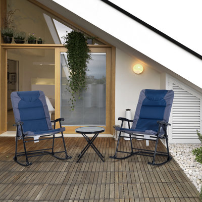 Navy Blue Patio Furniture With 2 Folding Rockers & Glass Coffee Table, For Outdoor Activity, Porch, Camping, Balcony Foldable Rocking Chairs Blue, Courtyard
