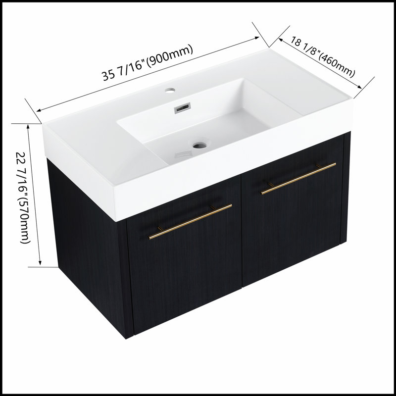 Meuble-lavabo mural de 36 pouces avec lavabo, lavabo en résine à rebords épais pour un rangement élégant et efficace, 35"