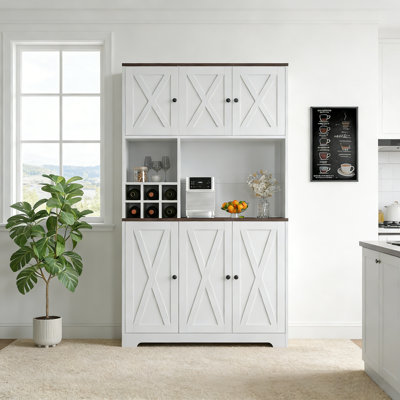 Garde-manger blanc avec station de charge, huche de cuisine autoportante de 71 po de hauteur avec support pour micro-ondes et tiroirs