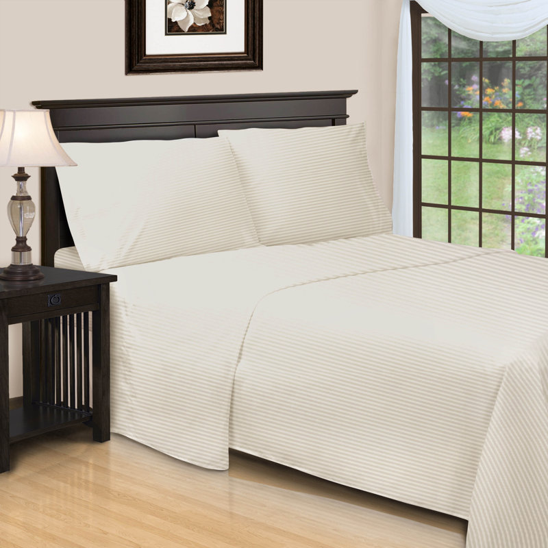 Parinaaz 600 Thread Count Certified Egyptian Cotton Striped Sheet Set, California King, Ivory