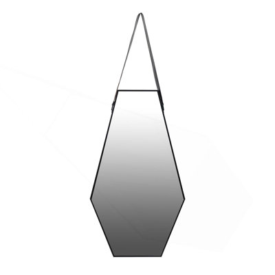 Black And Silver Hexagonal Wall Mirror With Hanging Leather Strap