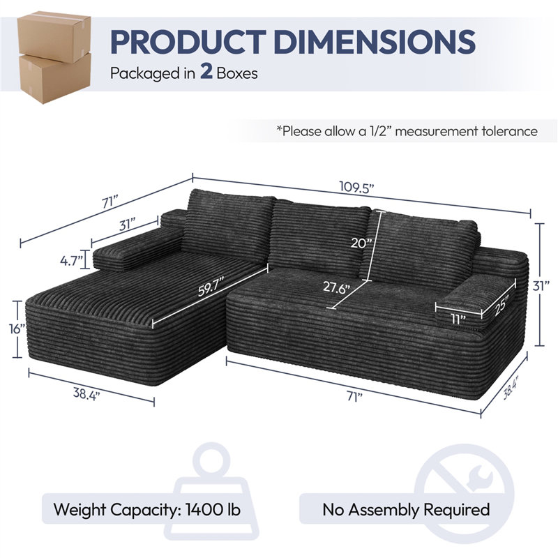 Corduroy Modular Sectional Sofa, Dark Gray
