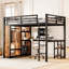 Grand lit mezzanine avec garde-robe encastré noir, bureau et rangement, tiroir de garde-robe en métal, escalier