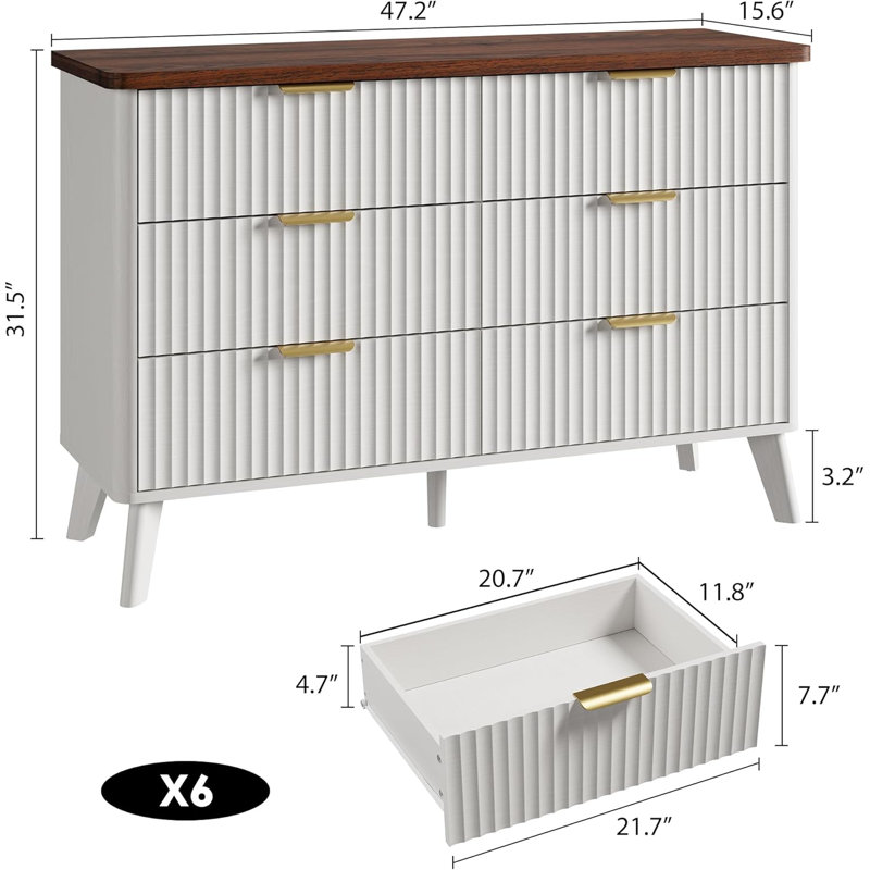 Commode cannelée à 6 tiroirs profonds, commode de 47,2 po de hauteur avec plateau en faux marbre, Blanc