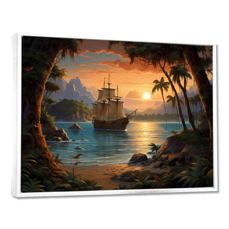 Pirate Boat Lost Isles - Pirate, reproduction d'art sur toile encadrée, H 34 po x l 44 po x P 1,5 po, Cadre flottant blanc