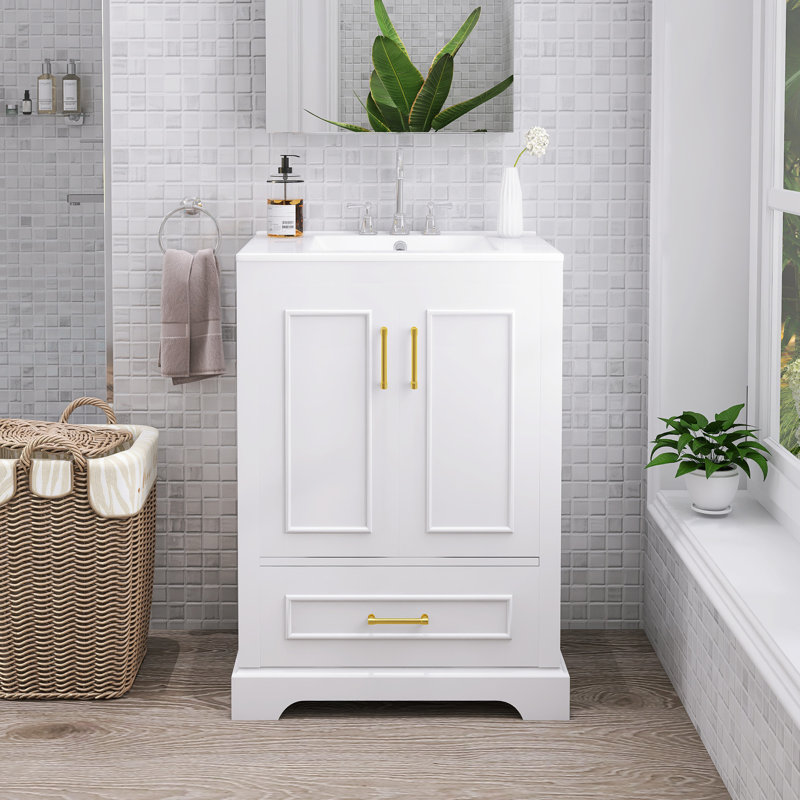 Meuble-lavabo autoportant moderne avec lavabo en céramique, Blanc, 24"
