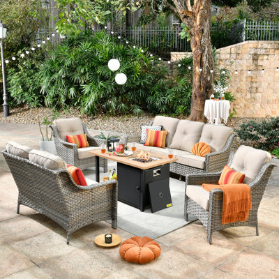 Outdoor 7-Person Patio Furniture With Cozy Cushions And Fire Pit Table