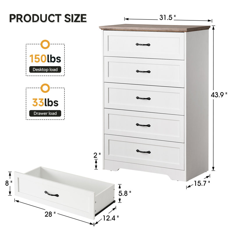 Amanada 31.5'' W 5 - Drawer Dresser, Brown/White