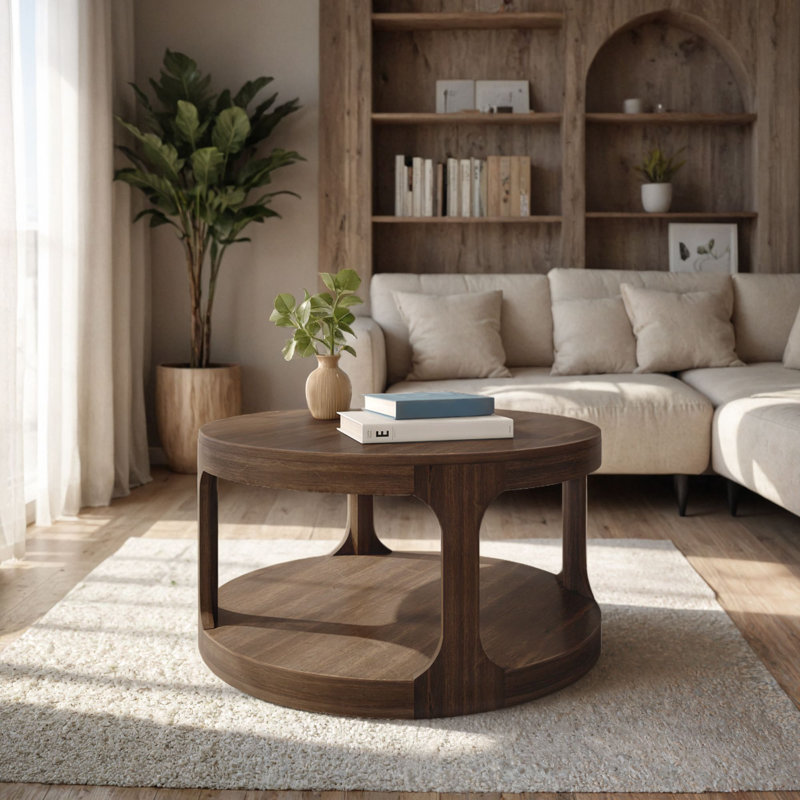 Table basse ronde 34 "avec tablette Forma, Noyer