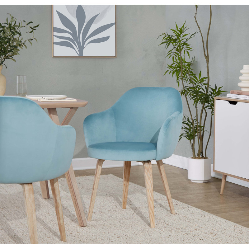 Chaise de salle à manger en bois blanchi et velours - ensemble de 2, Bleu pâle