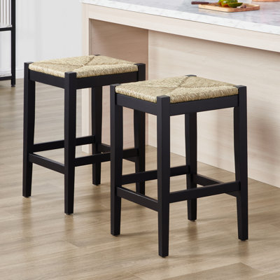Tabouret de bar de style ferme en bois massif avec siège en corde tissé à la main