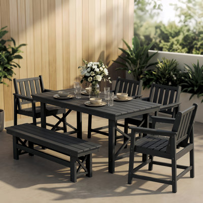 Black 6-Piece HDPE Plastic Patio Outdoor Dining Set with Bench, Arm Chairs and Rectangular Table