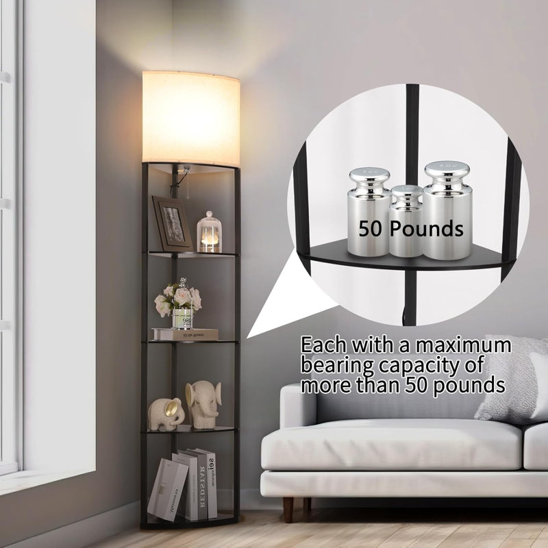 Floor Lamp With Shelves Sector Corner Shelf Lamp With 3 Colour Temperature Bulb With Linen Lampshade Bookshelf Corner Display Lamp(Black)