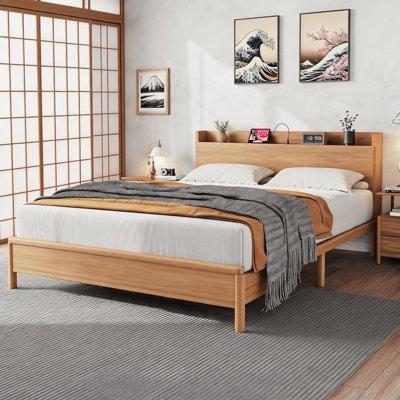 Cadre de lit Queen industriel rustique, cadre de lit plateforme en métal robuste avec tête de lit en bois, cadre de lit Queen pour chambre à coucher