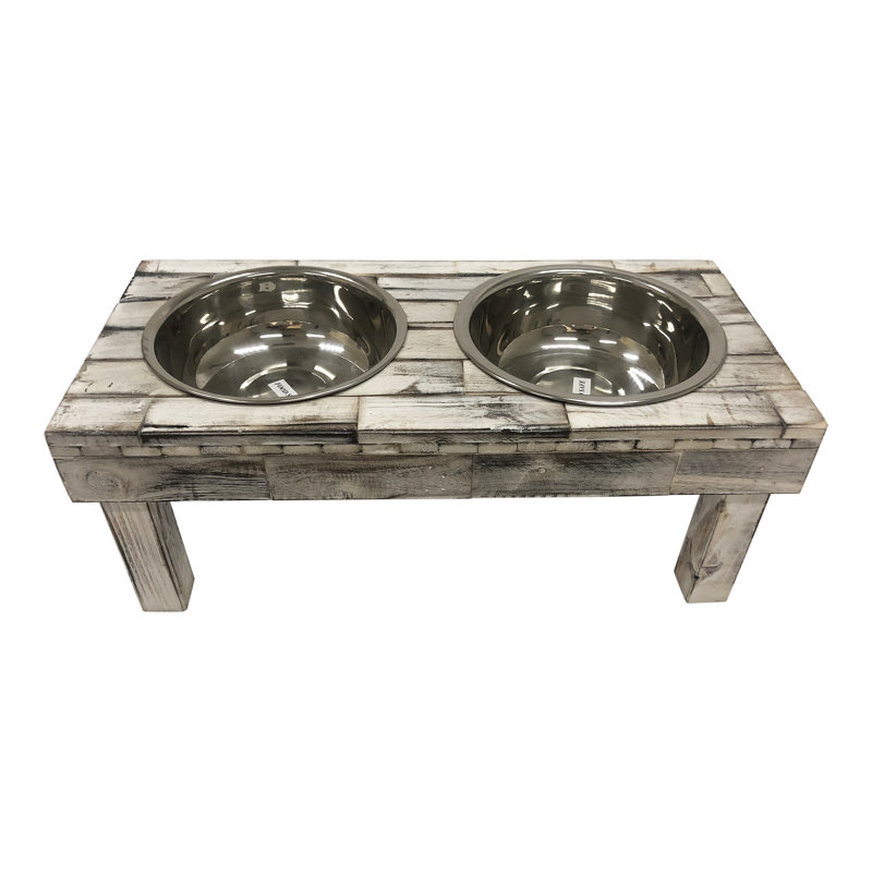 Large White Wash Reclaimed Wood Elevated Double Bowl Feeder