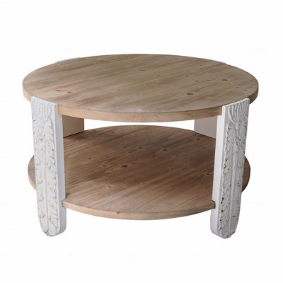 31.5X31.5X17.7" Round Wooden Coffee Table Carved White Legs And Lower Storage Shelf