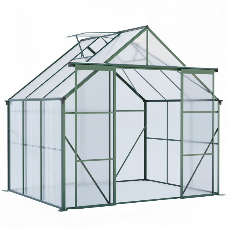 8X6FT-Green Double Door Polycarbonate Greenhouse, Green, 6.2' W x 6.1' D