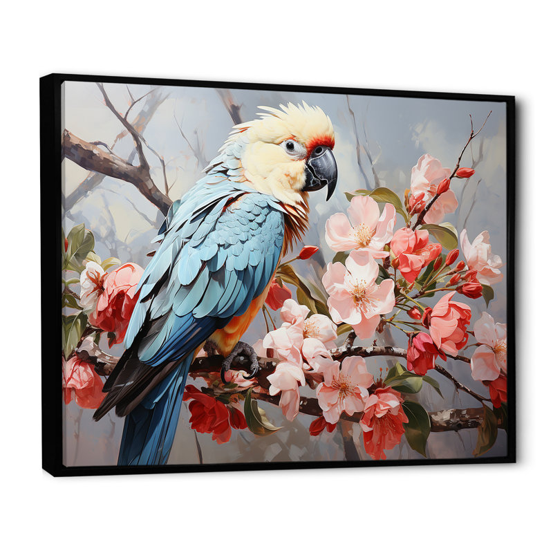 Perroquet bleu exotique à plumes gracieuses - salon d'art mural perroquet, Cadre flottant noir, H 34 po x l 44 po x P 1,5 po