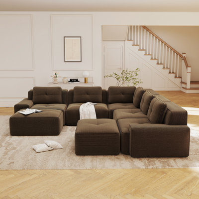 Modular 5-Seat Corduroy Living Room Set with 2 Ottomans, Deep Seats, Tufted Corner Sofa, Chocolate Brown