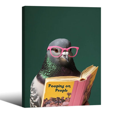 Funny Bird Animal Bathroom Wall Art Pigeon Reading Book Green Poster Pooping On People Fun Canvas Prints 08X10 Inch Framed For Bathroom Restroom Wall Decor