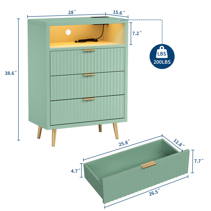 Commode 3 tiroirs avec lumières DEL et station de charge, coffre de rangement en bois cannelé de 28 po avec poignées dorées