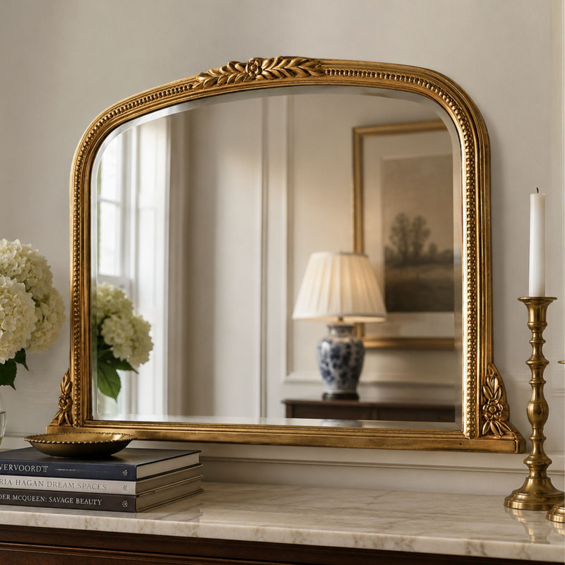 Arched Beaded Kalmar Overmantle Mirror, Gold
