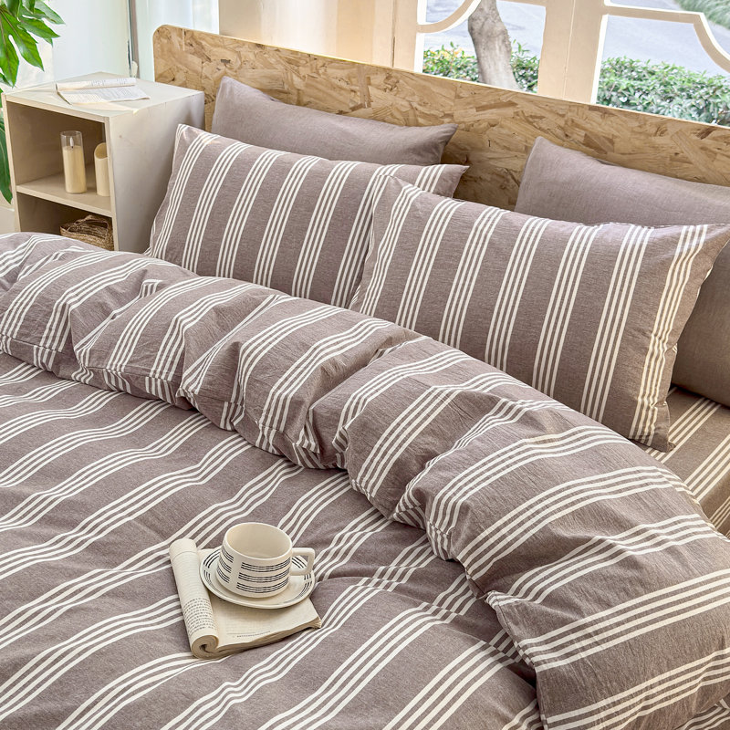 Ensemble de housse de couette rayé 100% coton délavé 3 pièces DONEUS, Housse de couette double + 2 taies d'oreiller stan