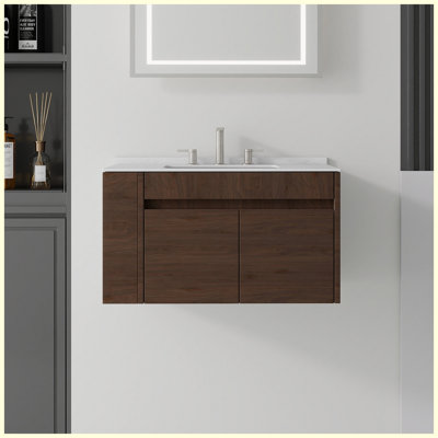 Meuble-lavabo flottant 30 po avec lavabo, porte à fermeture en douceur, comptoir et dosseret en marbre de culture blanc de 0,6 po Carrara, contreplaqué, brun