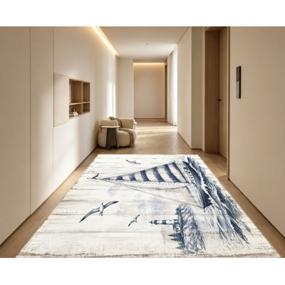 Tapis d'intérieur à motif de voilier, phare vintage et mouettes, tapis artistique antidérapant, idéal pour le salon, la chambre à coucher, l'entrée, la cuisine ou le balcon.