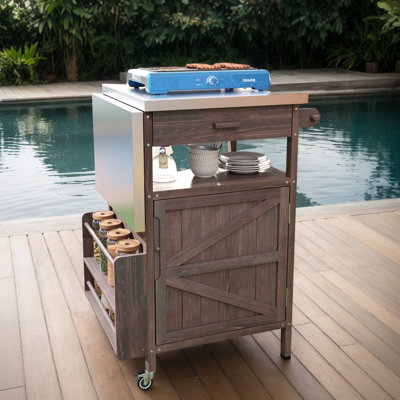 40.5" All-In-One Outdoor Grill Cart, Solid Wood & Stainless Steel Storage Cabinet With Drop-Leaf, Lockable Wheels & Towel Racks, Stylish Rolling Kitch by Lark Manor