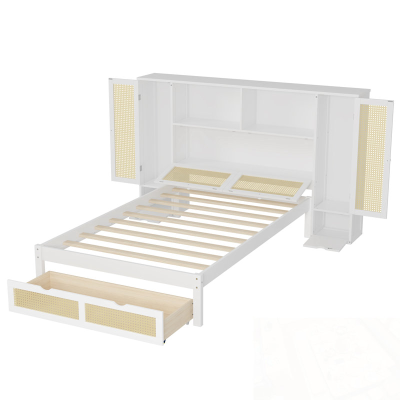 Lit simple en bois avec deux casiers de rangement, un tiroir et une tablette de rangement, Blanc