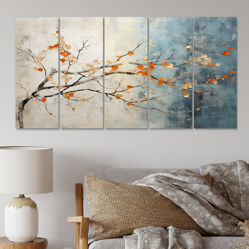 Érable orange sarcelle, braises incandescentes V sur toile, 5 pièces