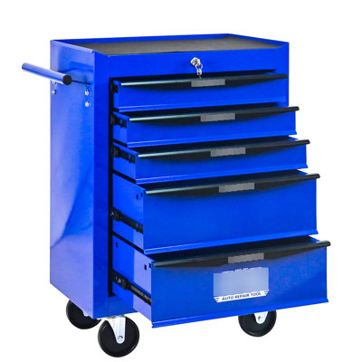 20" 5 - Drawer Black & Blue Metal Tool Chest, Bearing Slides, 4 Swivel Wheels, Key Locking For Organized Storage Rolling Chest Cabinet, Steel Storage, Universal  2 With Parking Brake , Stylish Look