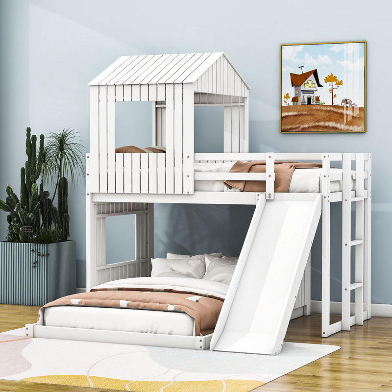 Lit superposé en bois en forme de L avec glissade, style maison, Harper Orchard, Simple sur double, Blanc