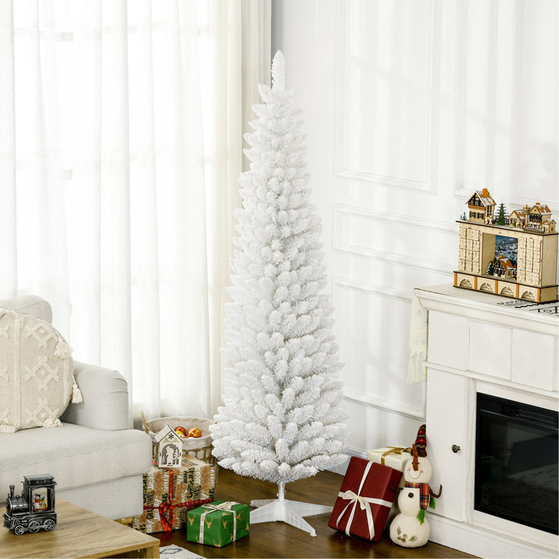 Arbre de Noël artificiel enneigé 6 pi, arbre de Noël mince avec branches réalistes et base en plastique, Blanc