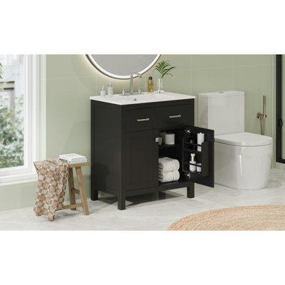 Meuble-lavabo avec lavabo en céramique, armoire de salle de bain simple moderne avec 2 portes et une tablette, portes