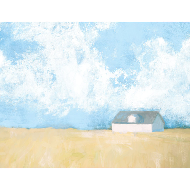 Barn Yellow Wheat Blue Sky - Painting Print, 30cm H x 46cm W, Black Floater Framed