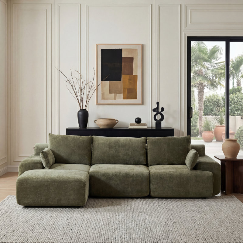 Boneless 113.8" Modular Sectional Sofa with Movable Ottoman, 3-Seater L-Shaped Sofa with Deep Sea, Plush Chenille Boneless Cloud Couches for Living Room, No Assembly