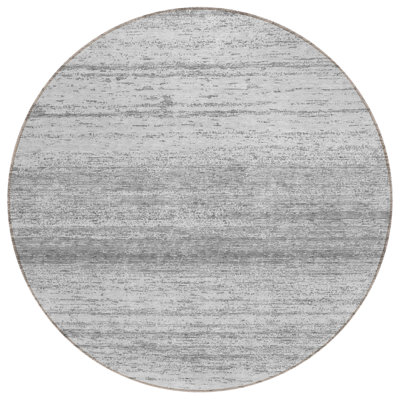 8' Gray And Silver Round Striped Washable Indoor Outdoor Area Rug
