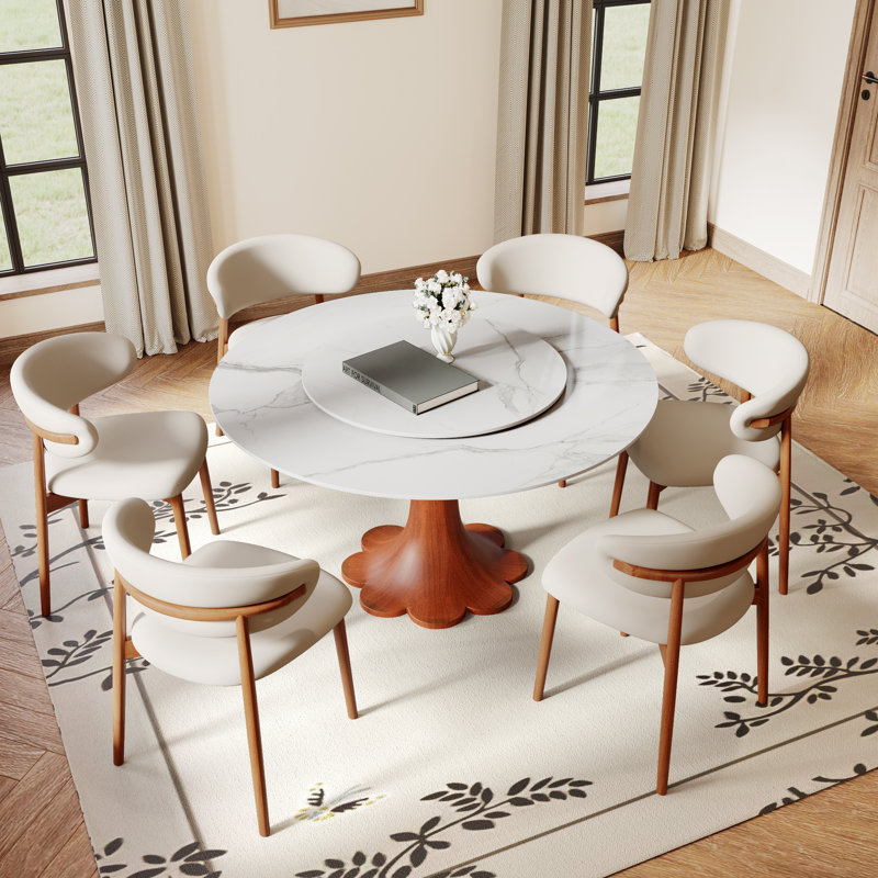 Ensemble de table de salle à manger avec plateau tournant Lazy Susan Farmhouse (1 table, 4 chaises / 6 chaises), 7, Blanc