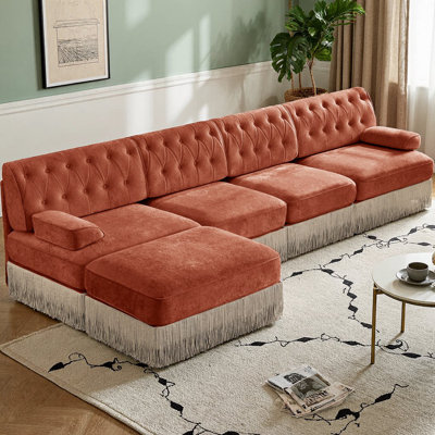 135" L-Shaped Pet-Friendly Velvet Sectional Sofa with Ottoman, Chesterfield Style Button Tufting & Tassel Skirt, 4-Seater Modular Couch with Curved Arms for Living Room, Bedroom