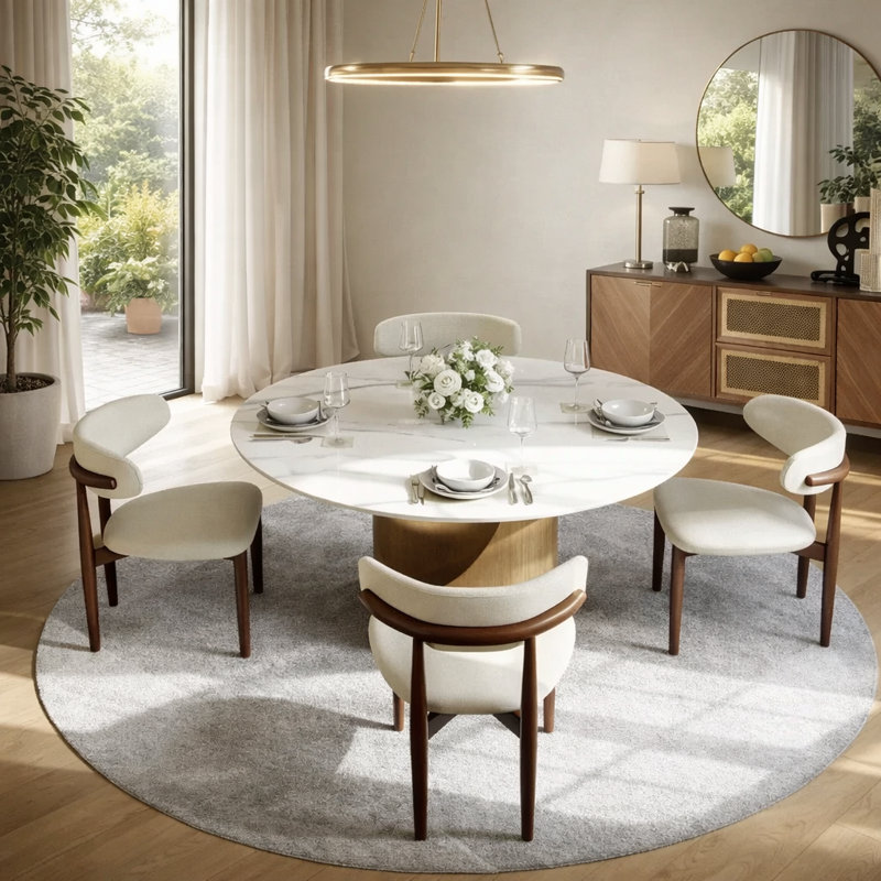 Modern 5/7 Pieces Dining Room Sets, Pre-Assembly Round Dining Table Sets, Sintered Stone Tabletop Kitchen Dining Table Set With Upholstered Chairs