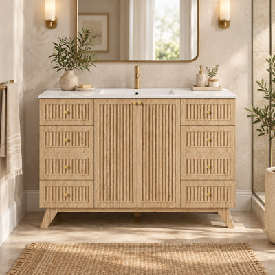 Meuble-lavabo cannelé 47,56 po avec lavabo SMC, meuble-lavabo sur pied simple avec 8 tiroirs, 2 portes à fermeture douce et poignées dorées, bois naturel