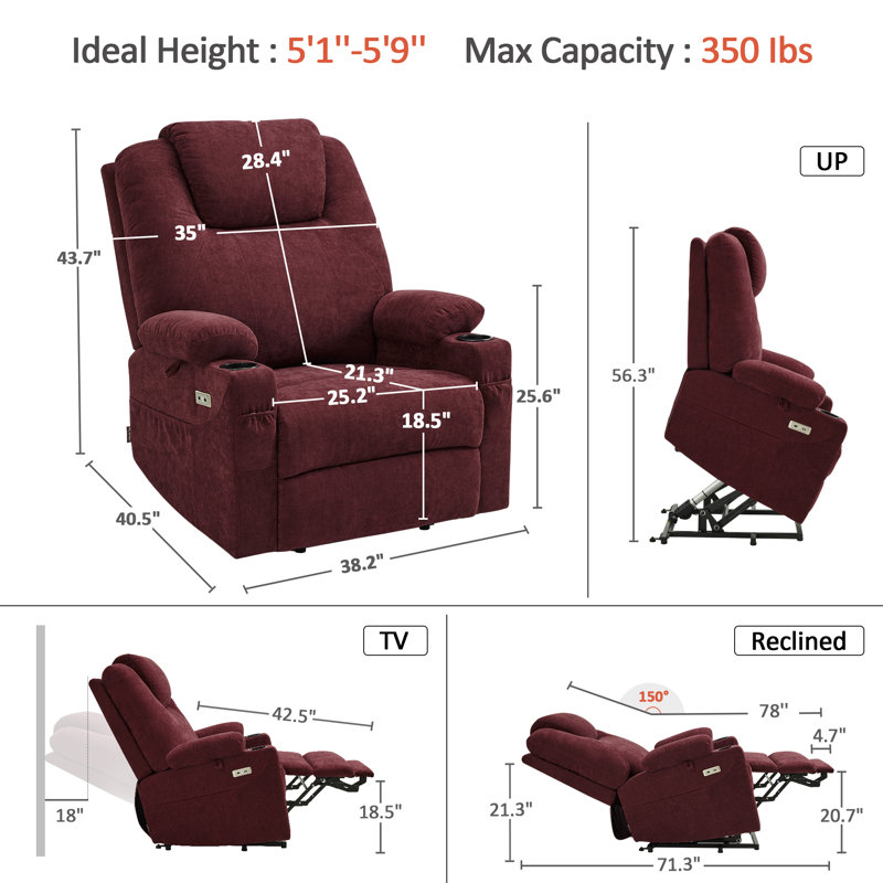 Fauteuil inclinable électrique de 25,2 po de largeur avec massage et chaleur, tissu, Bourgogne